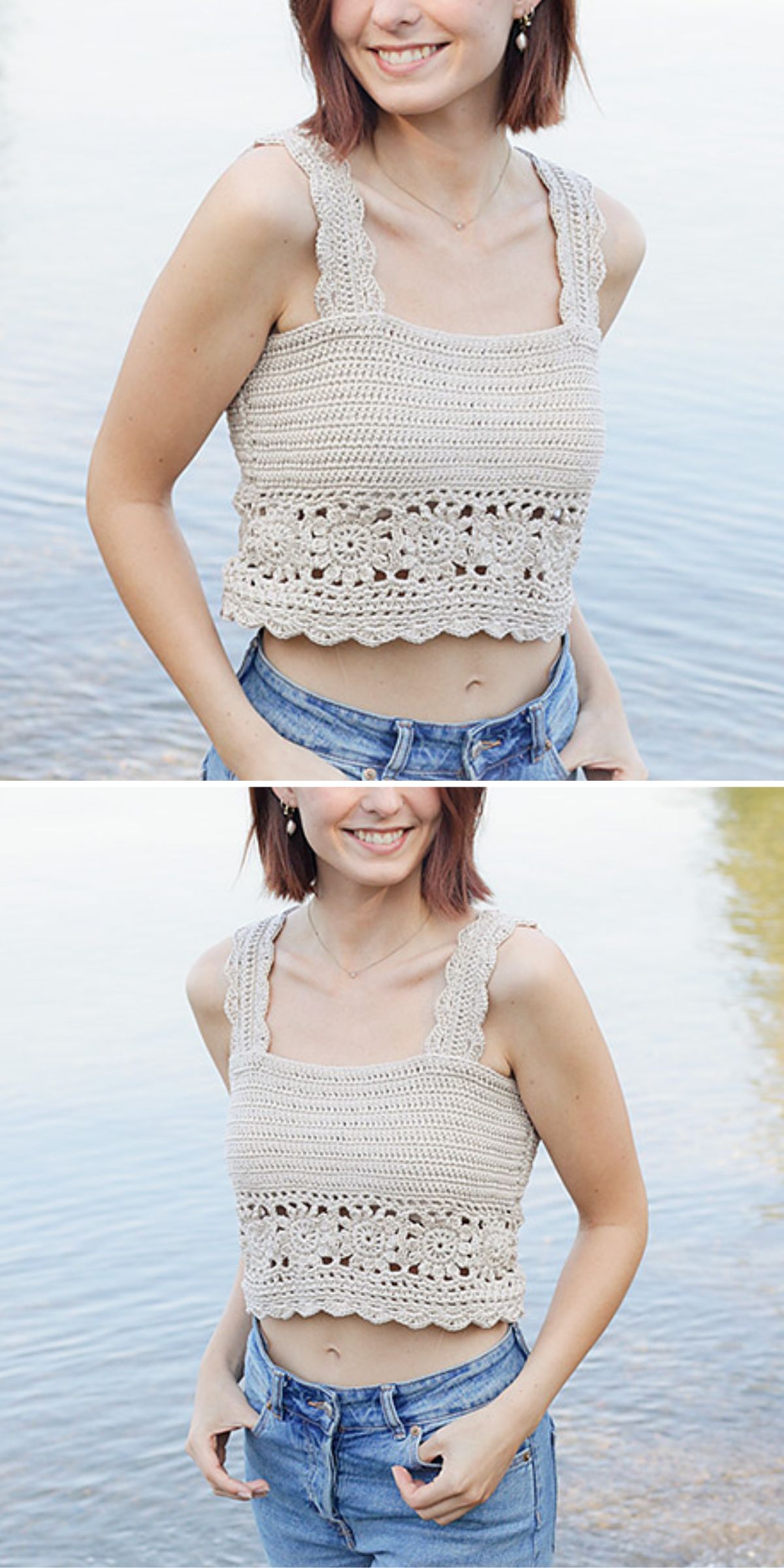 a woman wearing a crochet top with small granny squares in a neutral cream color