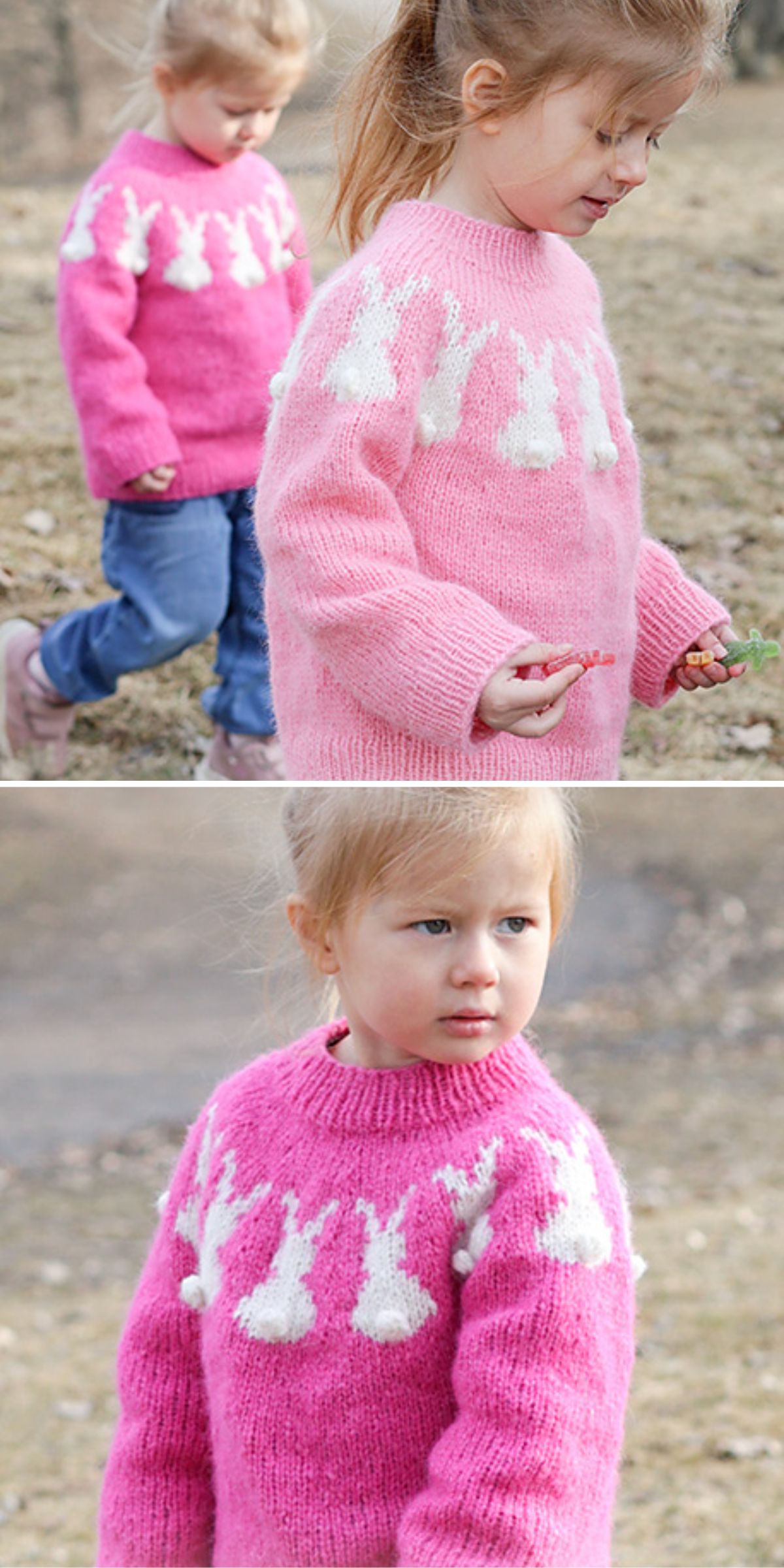 little girls wearing pink knitted jumpers with bunny motifs
