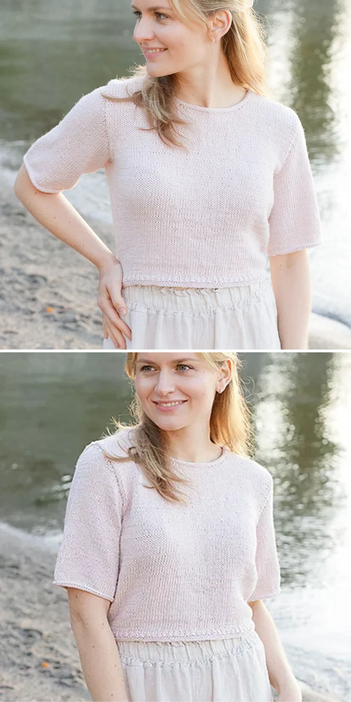a woman wearing a simple knit top with sleeves in a cream color