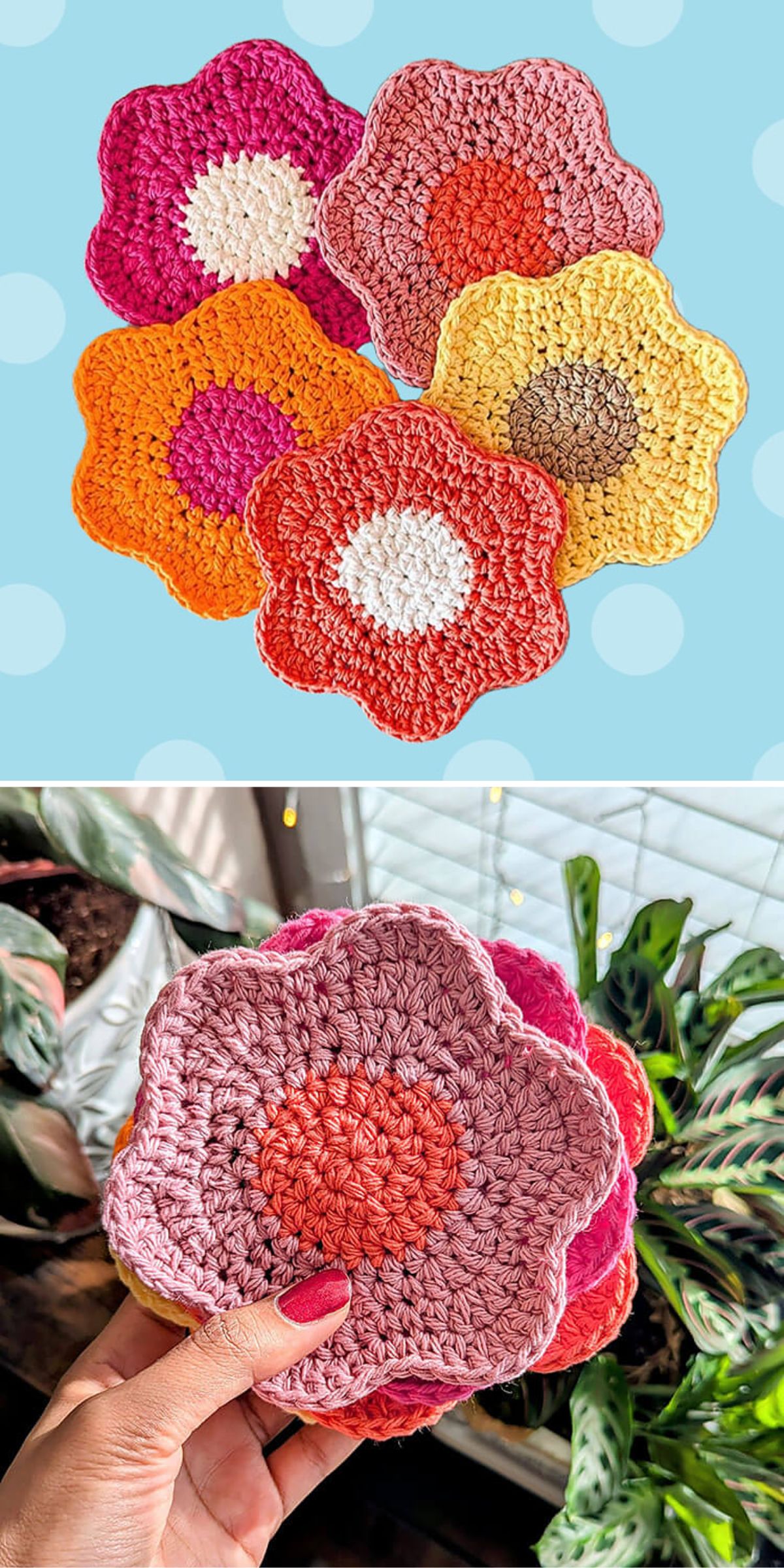 a set of vibrant crochet coasters shaped like flowers