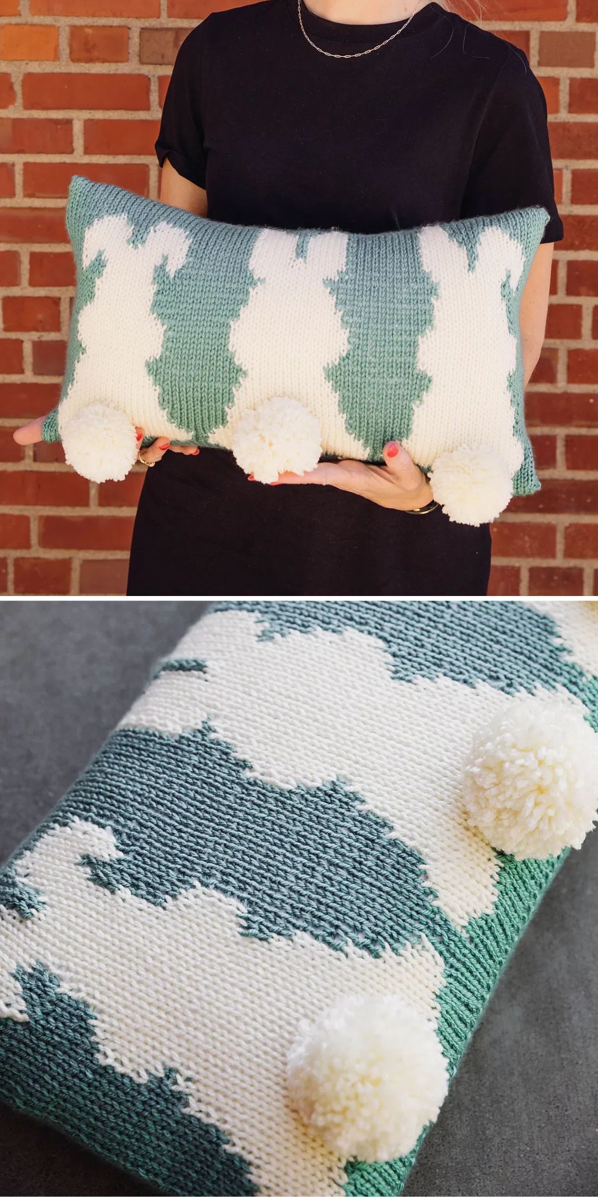 a knitted pillow with bunny motifs