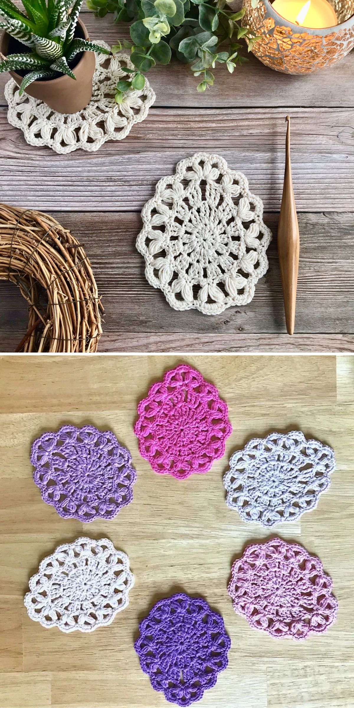 a set of lace crochet coasters shaped like Easter eggs