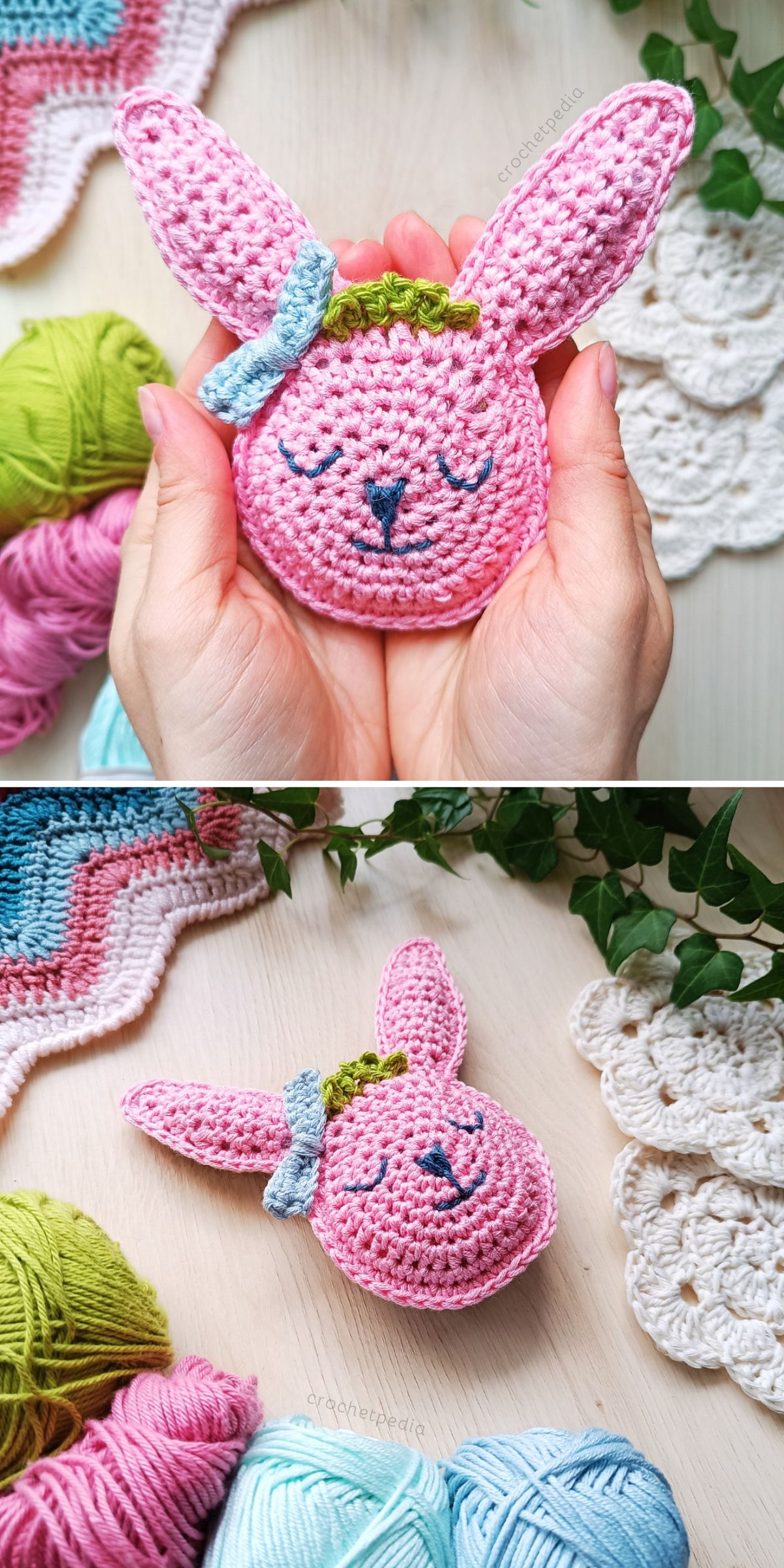a cute crochet ragdoll bunny head in pink