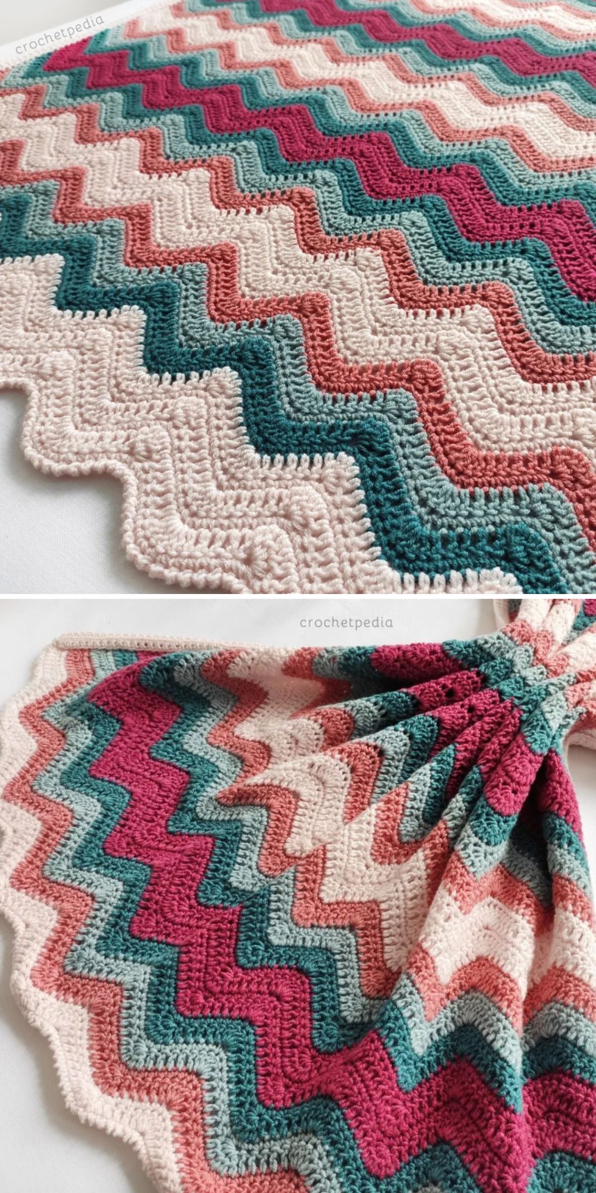 a colorful crochet baby blanket with a ripple design 