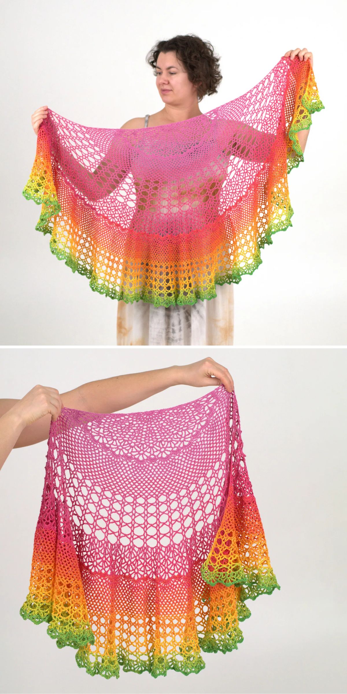a crochet crescent shawl featuring a mesh fabric and vibrant colors