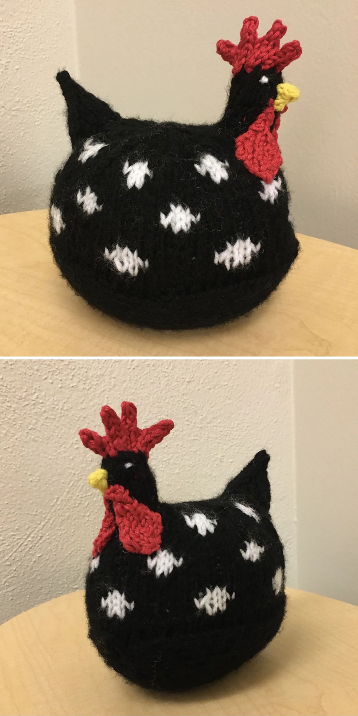 a black knitted chicken