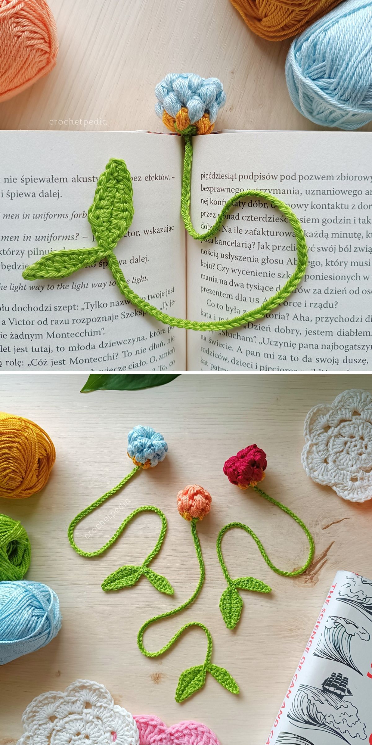 three crochet bookmarks with flower blossoms at the top and leaves on the end