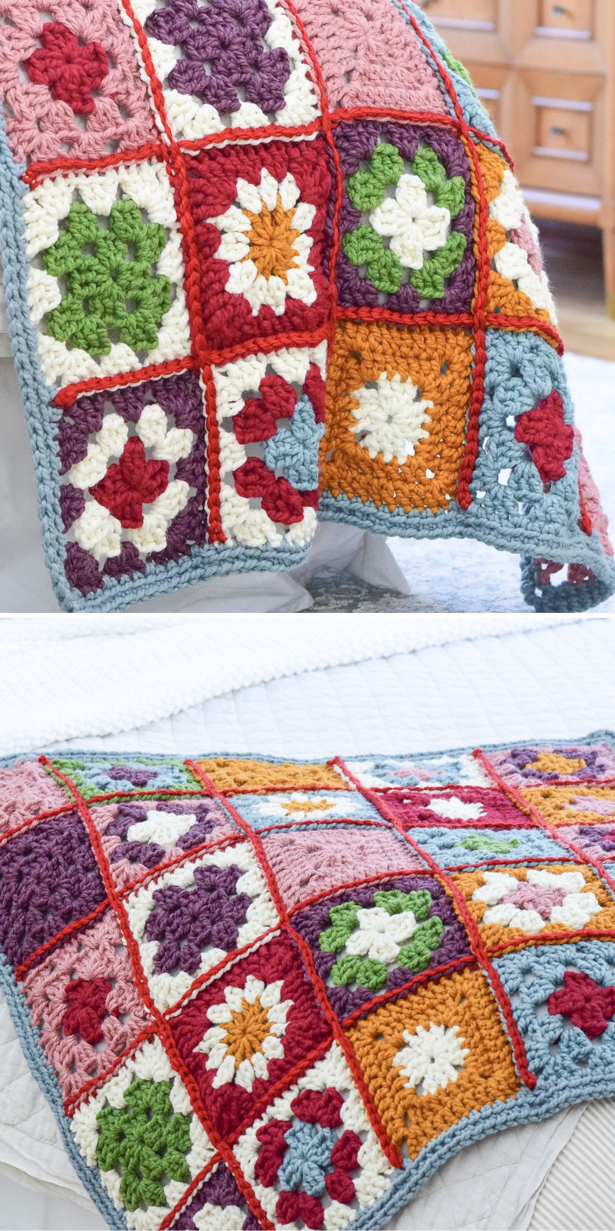 a multicolored crochet blanket made up of granny squares