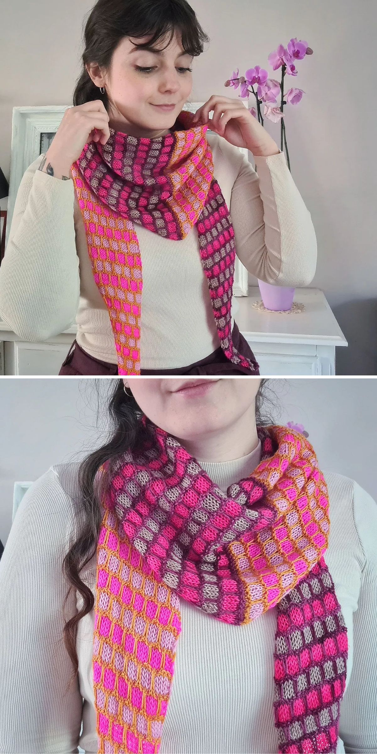 a woman wearing a knit scarf with an eye-catching design