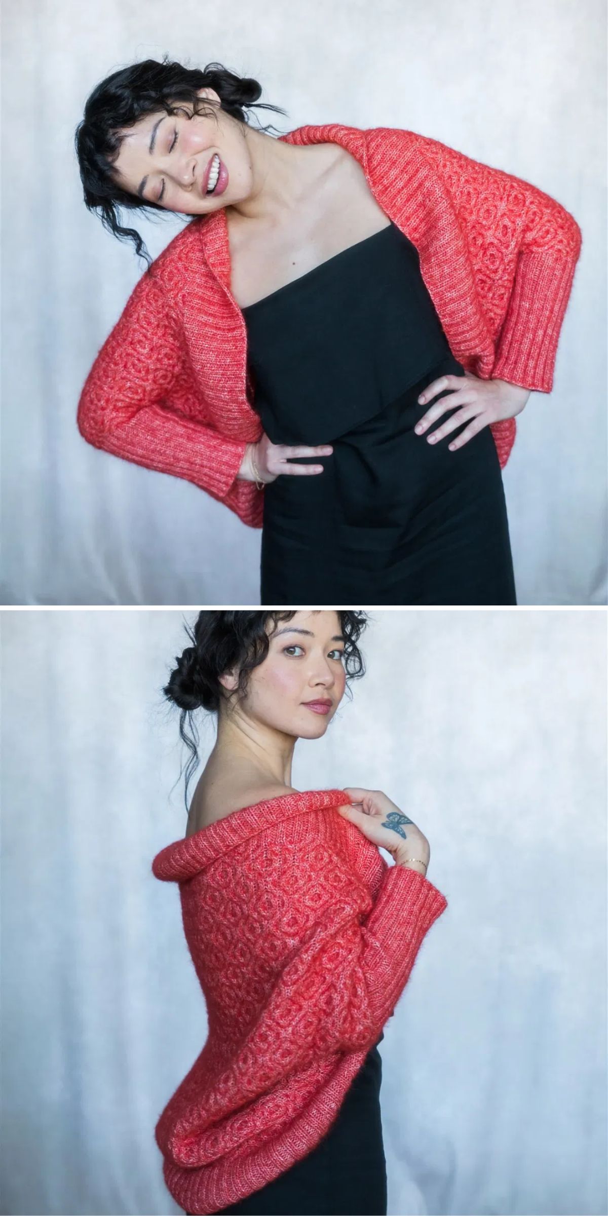 a beautiful knitted shrug in a vibrant color