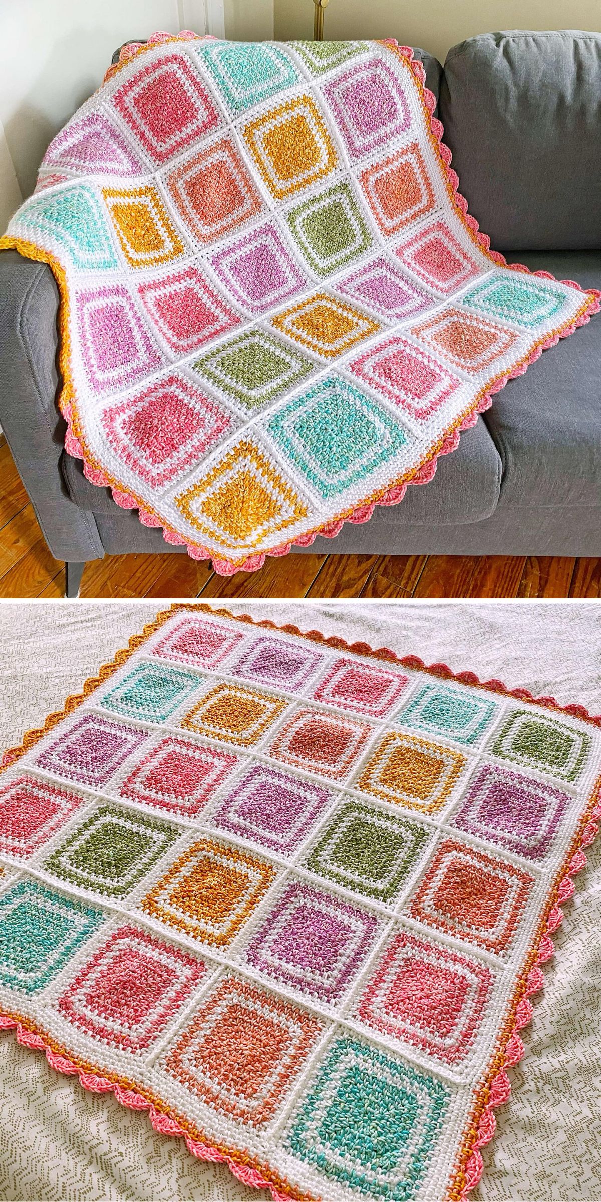 a colorful crochet throw made of squares