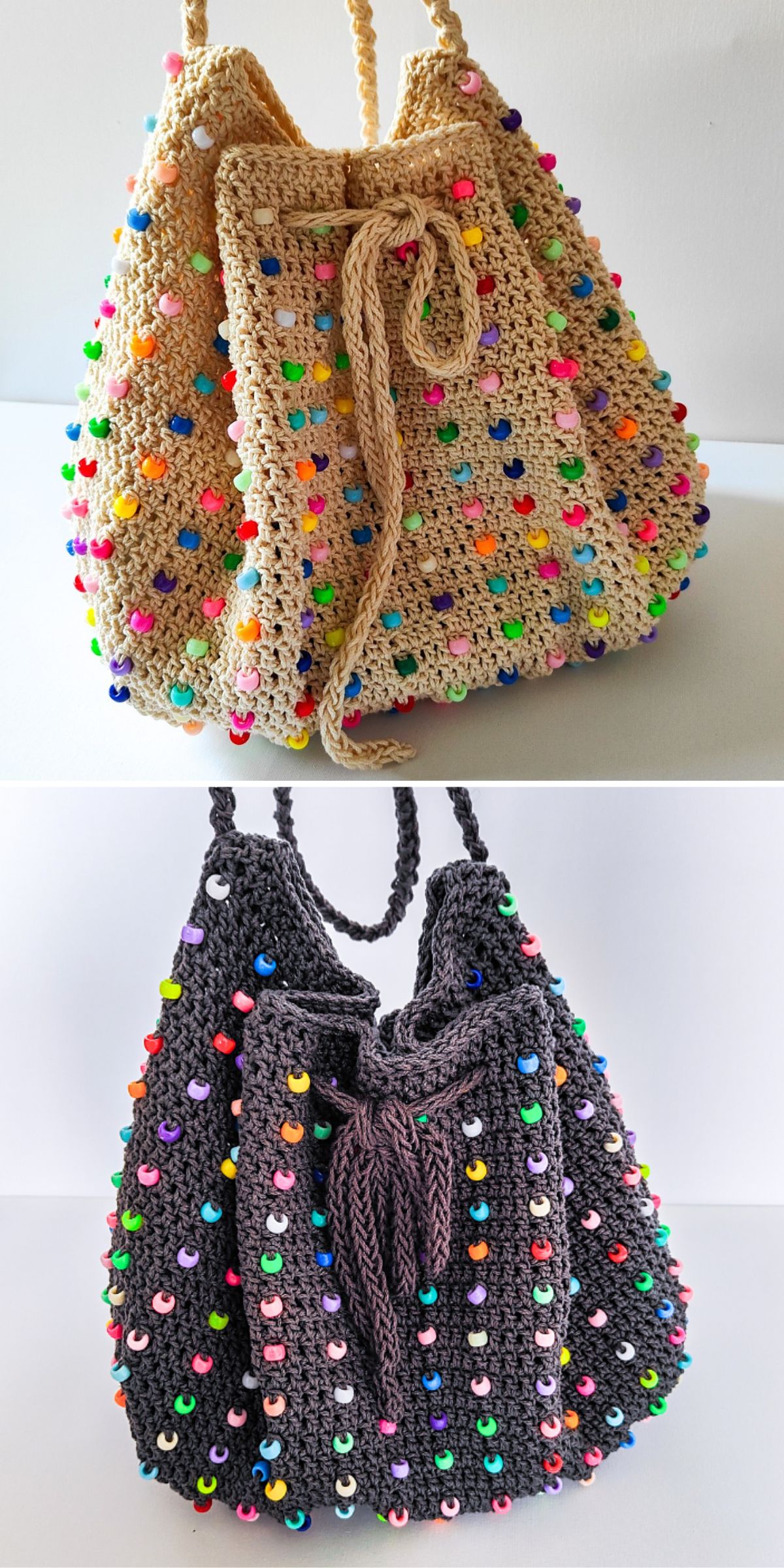 two crochet drawstring bags with colorful beads