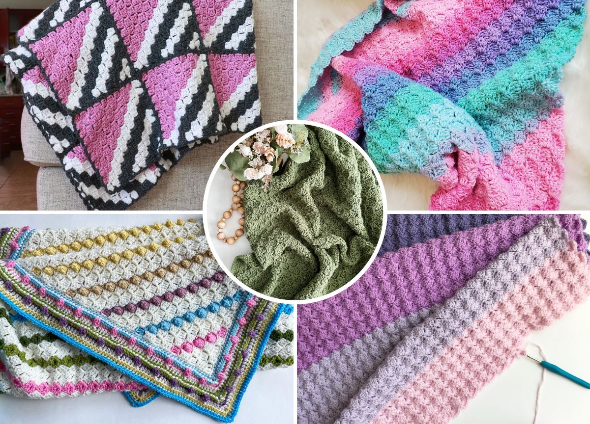 a set of crochet corner-to-corner blankets in vibrant colors