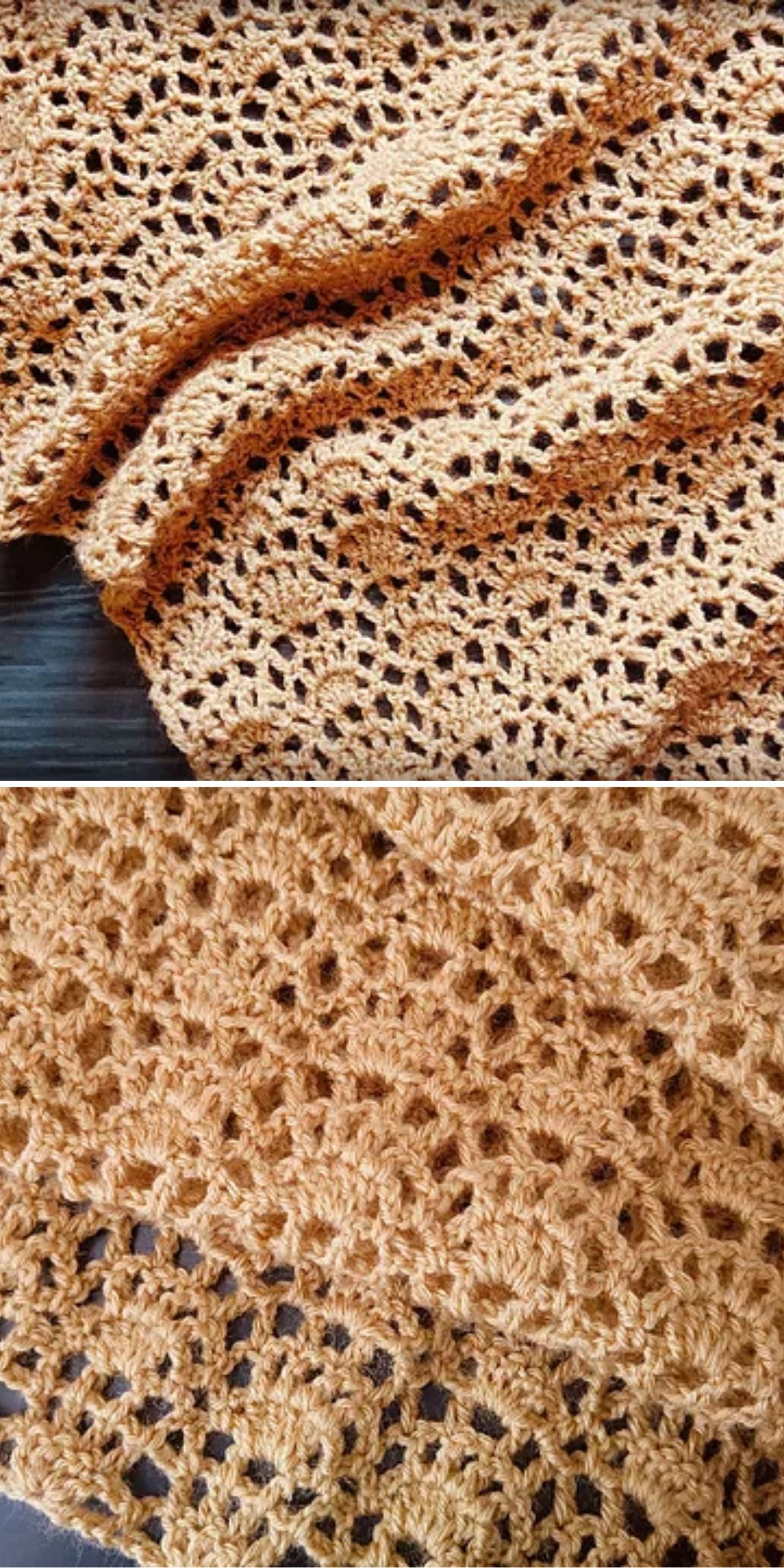 a handmade crochet shawl with a airy openstitch pattern