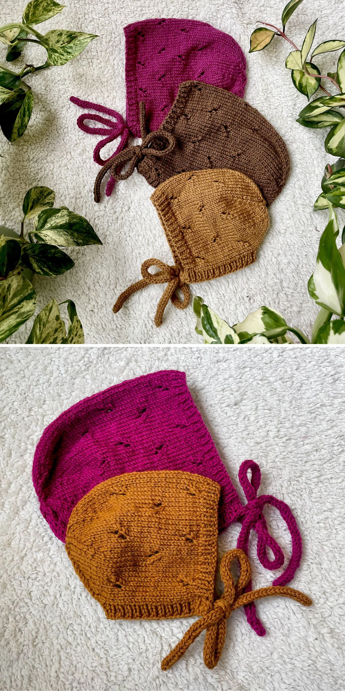 three knitted baby bonnets with a beautiful eyelet stitching and chic vinatge look