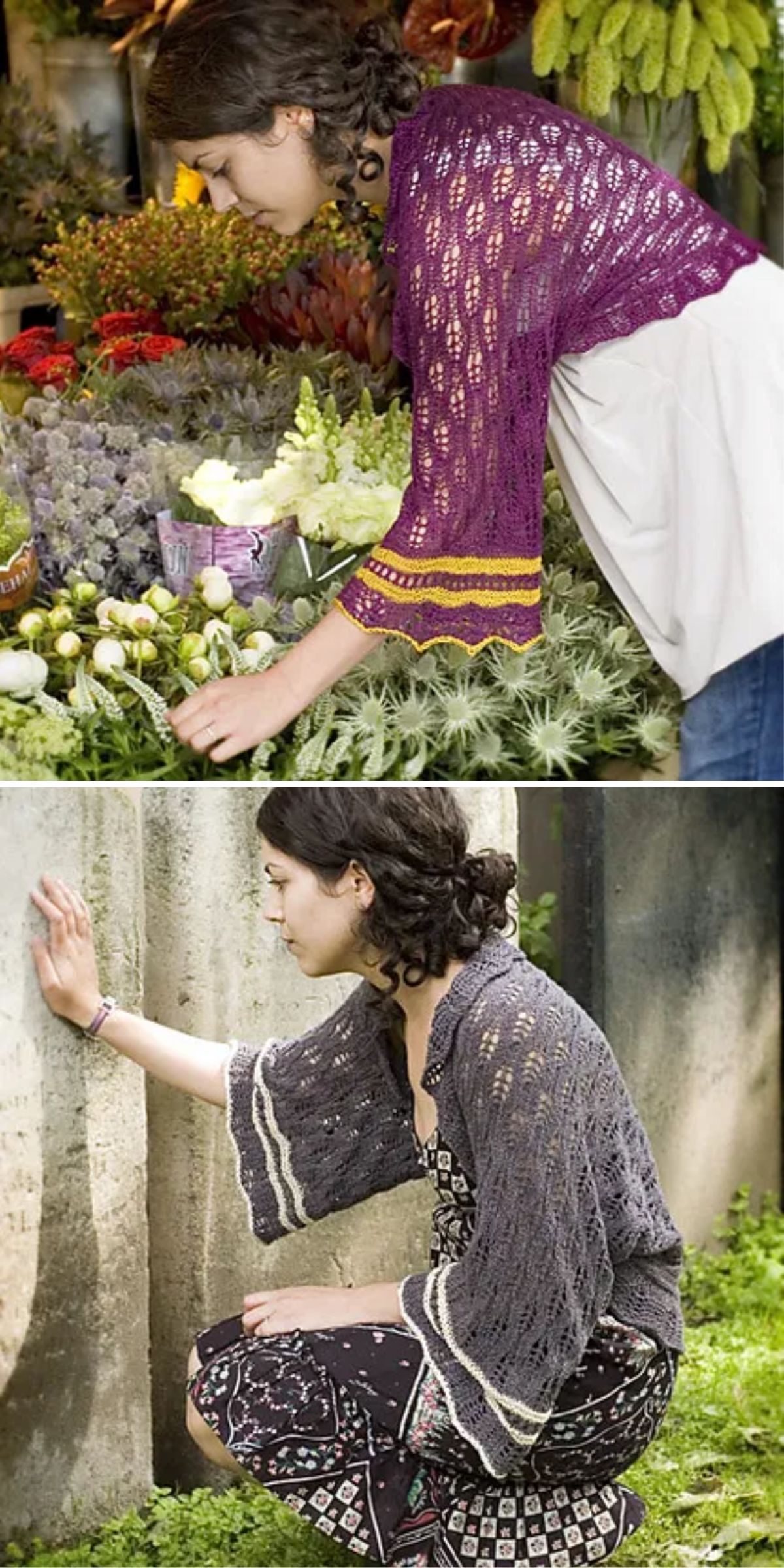 a knit lace shrug with decorative sleeve stripes in a contrasting color