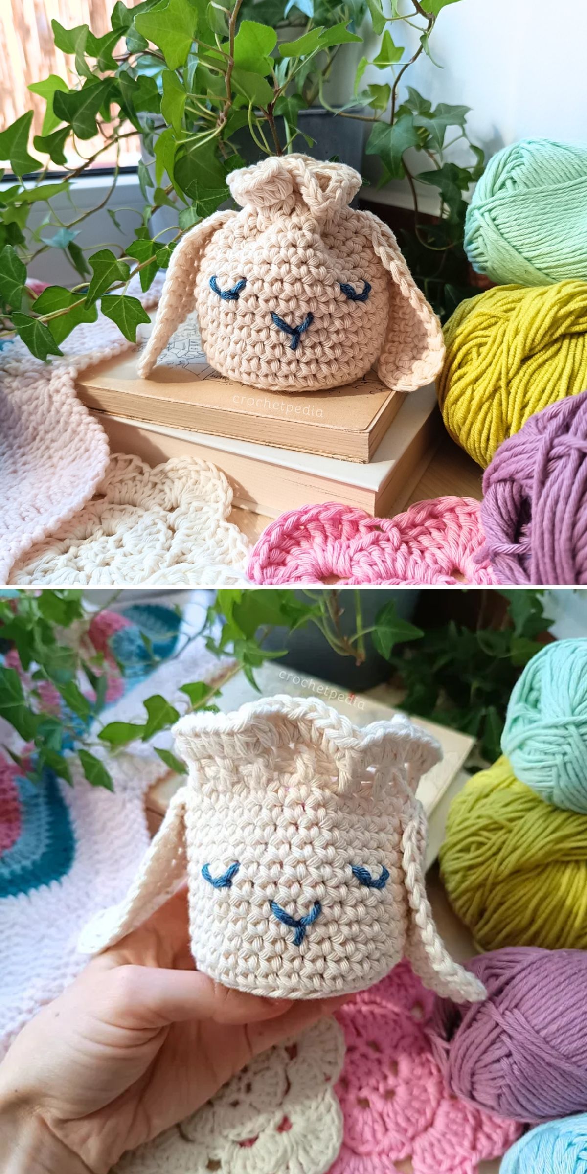 a lovely handmade drawstring pouch with sheep ears and face