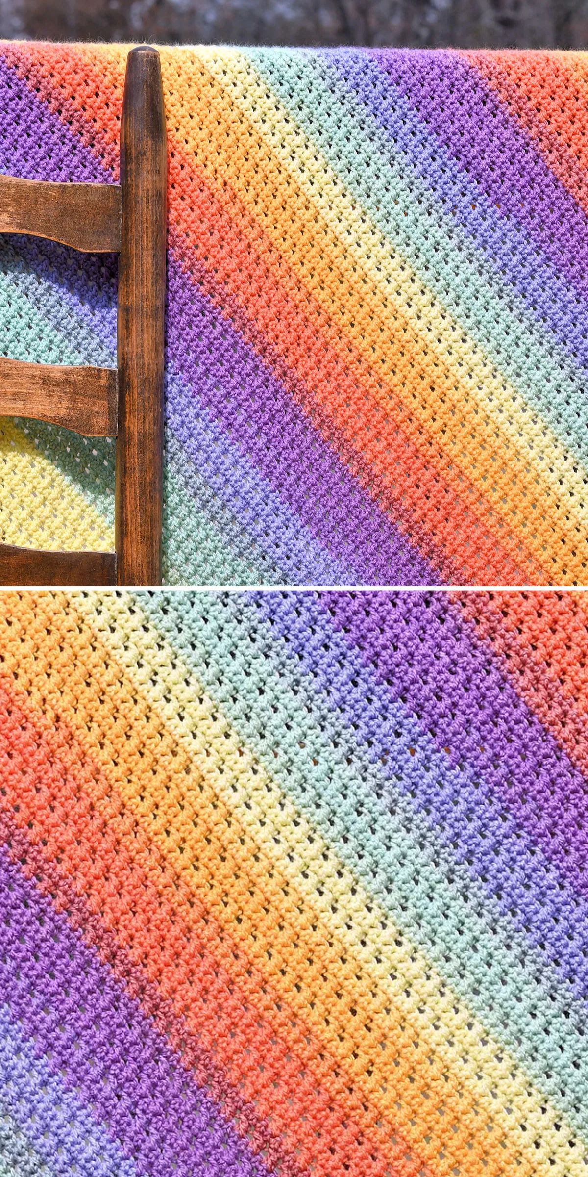 a rainbow-colored crochet blanket