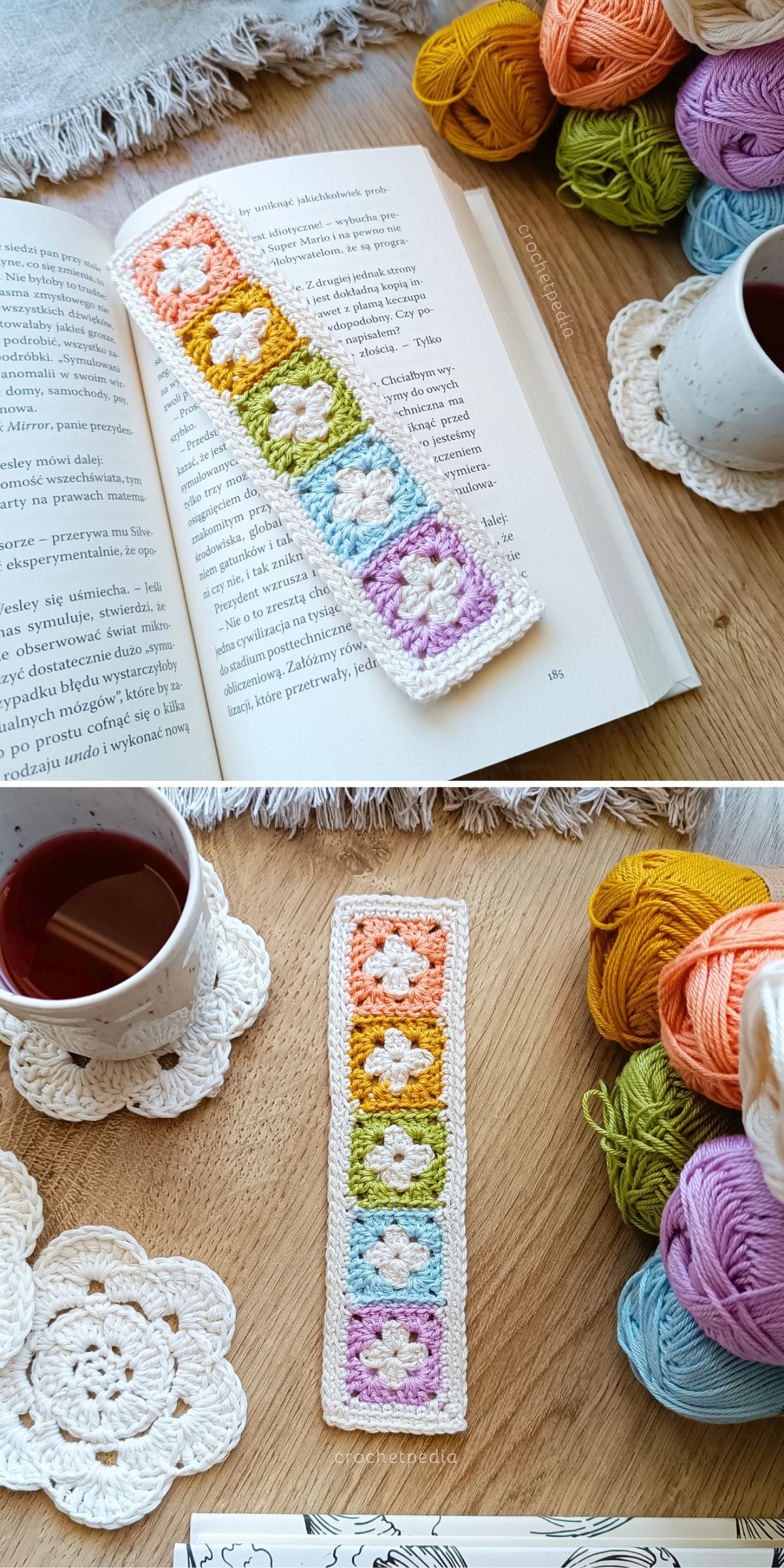 a crochet bookmark made of small colorful granny squares