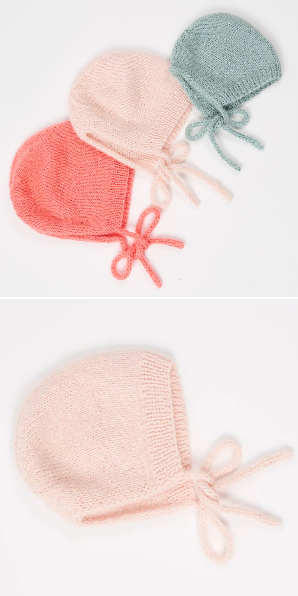 a set of simple knit baby bonnets in pastel colors