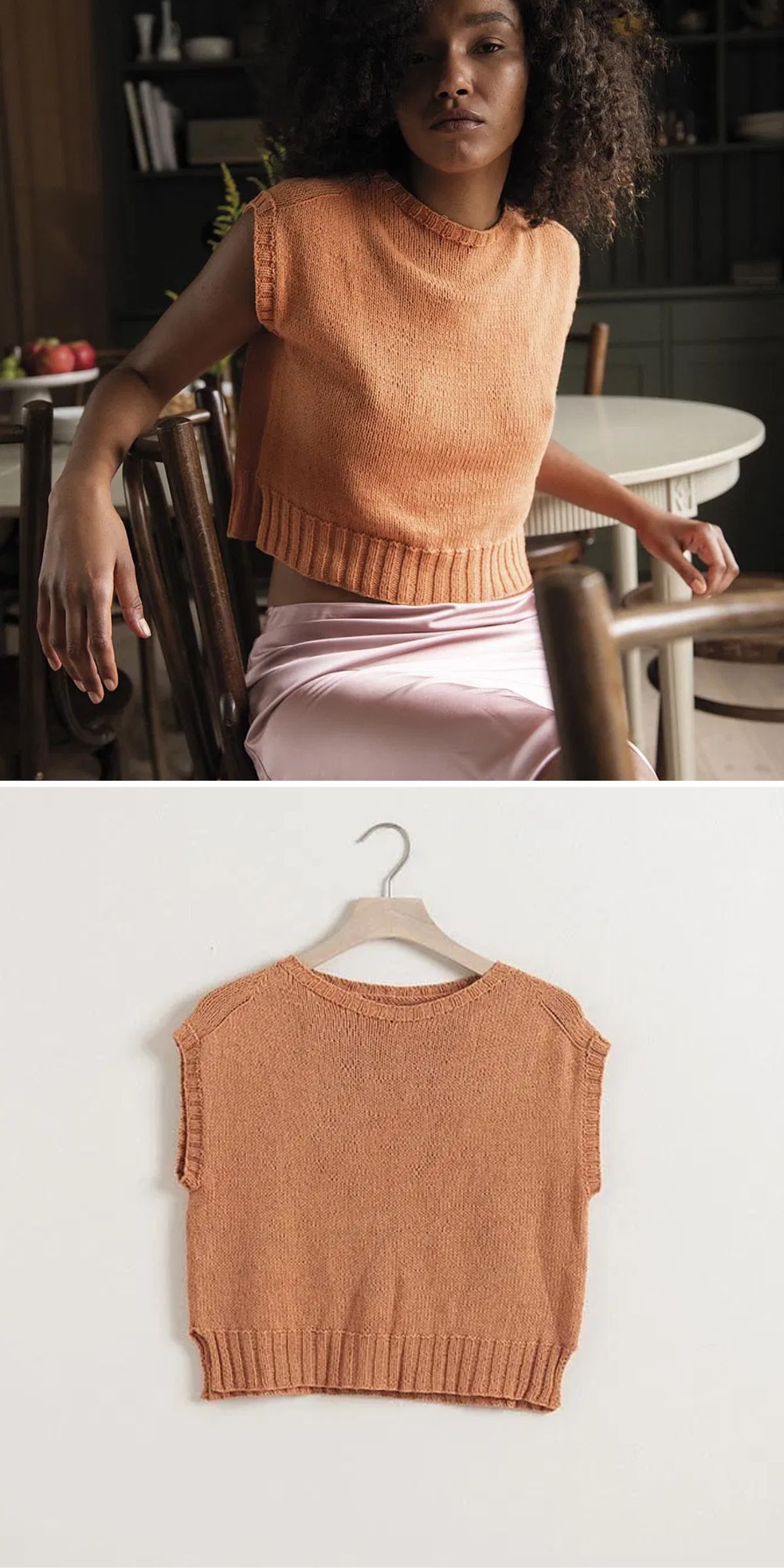 a knit sleeveless top in an orange color