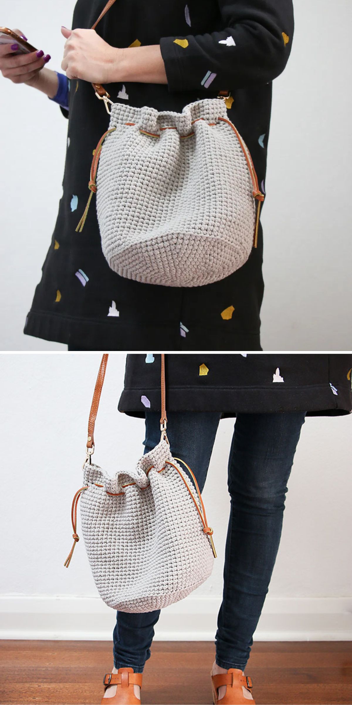 an elegant crocheted drawstring bag in a neutral color