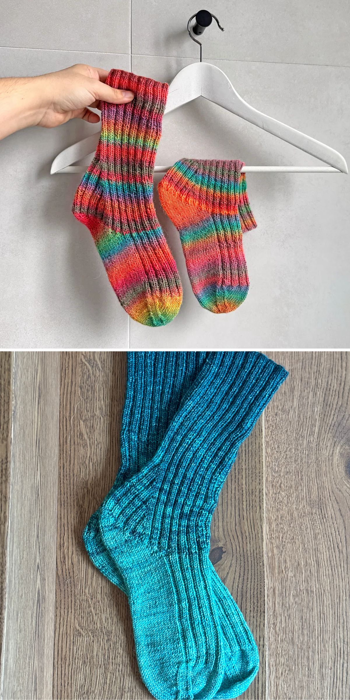 two pair of knit ribbed socks, one in a rainbow ombre colorway and the other one in a solid blue color