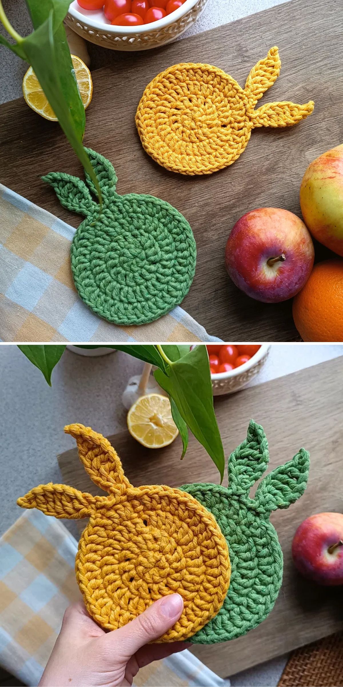 crochet bunny-shaped coasters in green and yellow