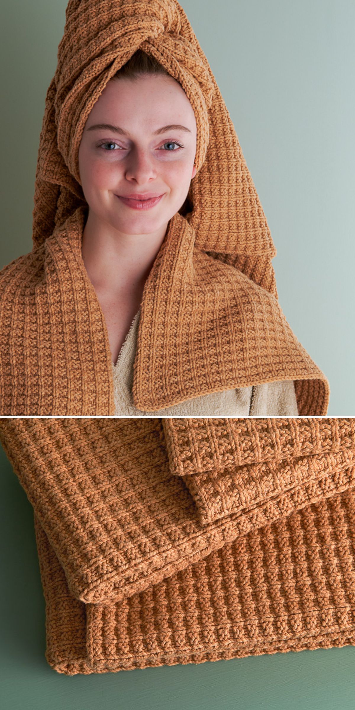 a knit towel set in a soft orange color