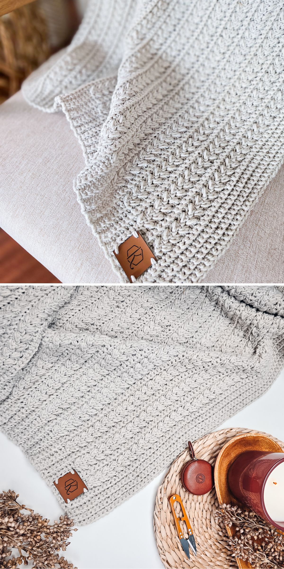 a crochet blanket with a braided design in a white color