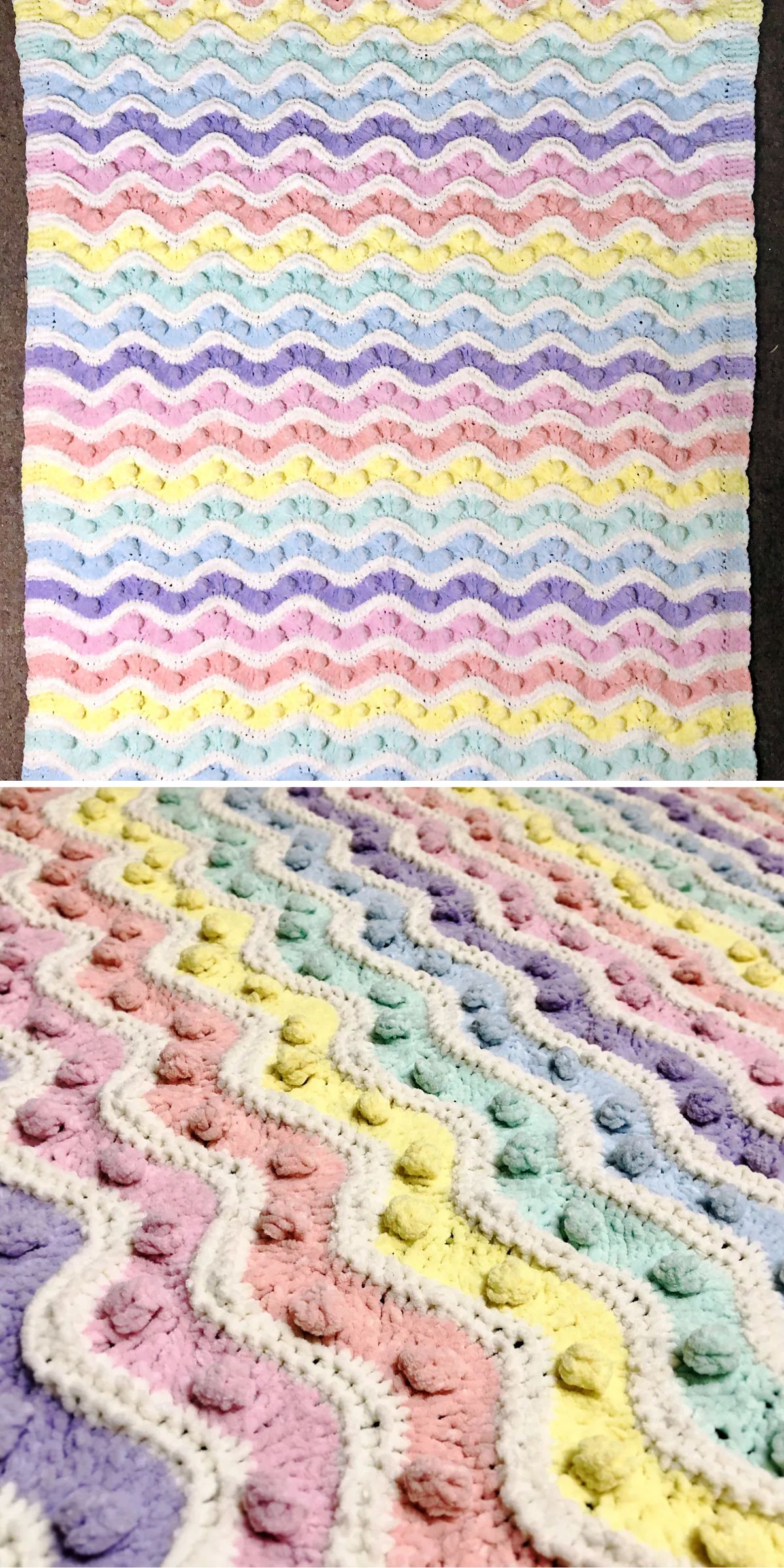 a knit rainbow blanket featuring a ripple design and bobble stitches
