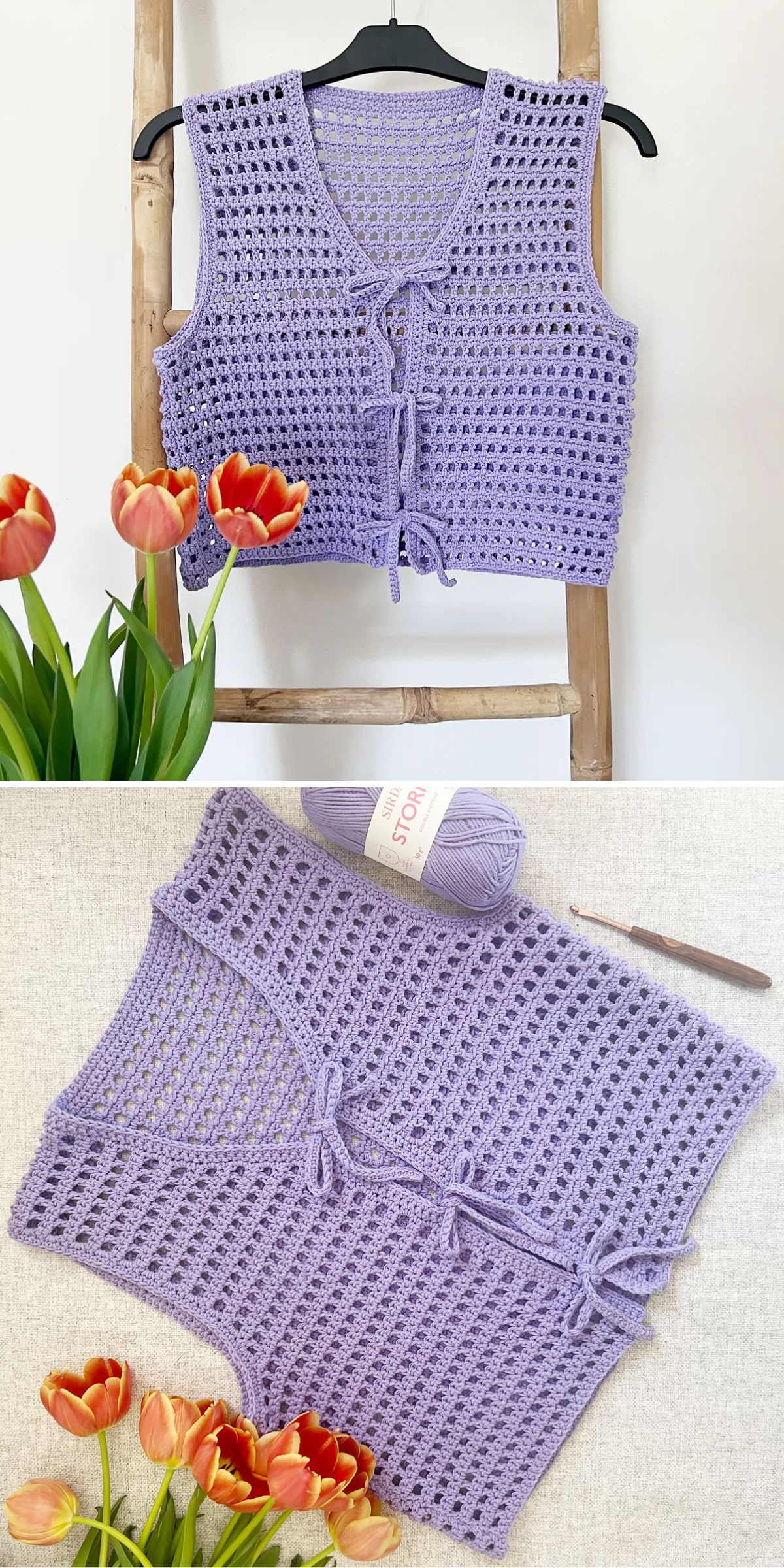 a mesh-like crochet vest with front tie in a violet color