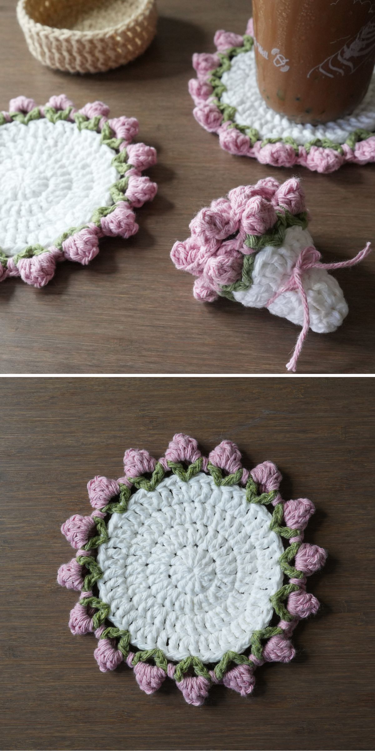 a crochet coaster that when tucked looks like a flower bouquet