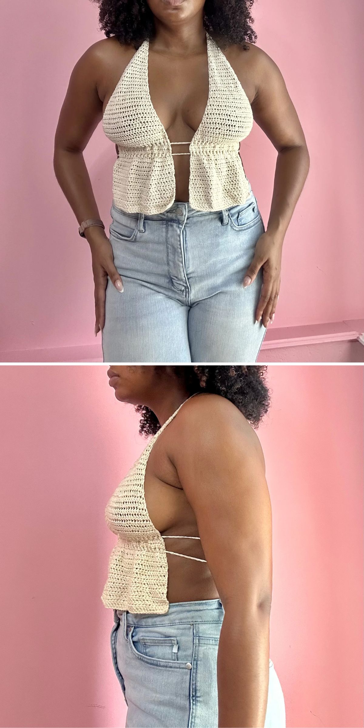 a woman wearing a white crochet top with a ruffle bottom and open back