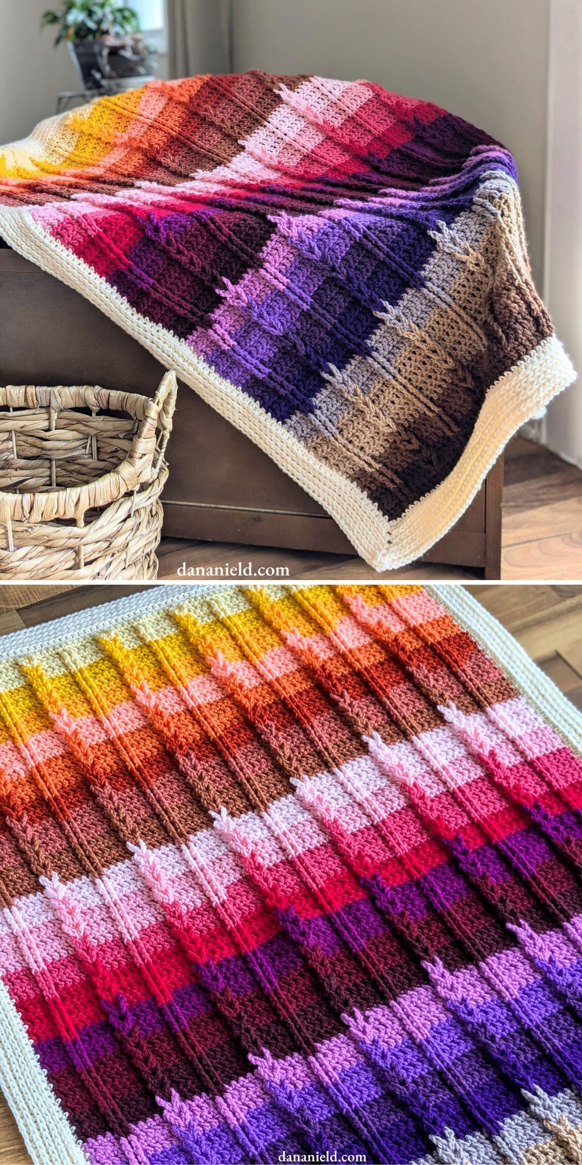 a cabled crochet blanket featuring a striped design in deep colors