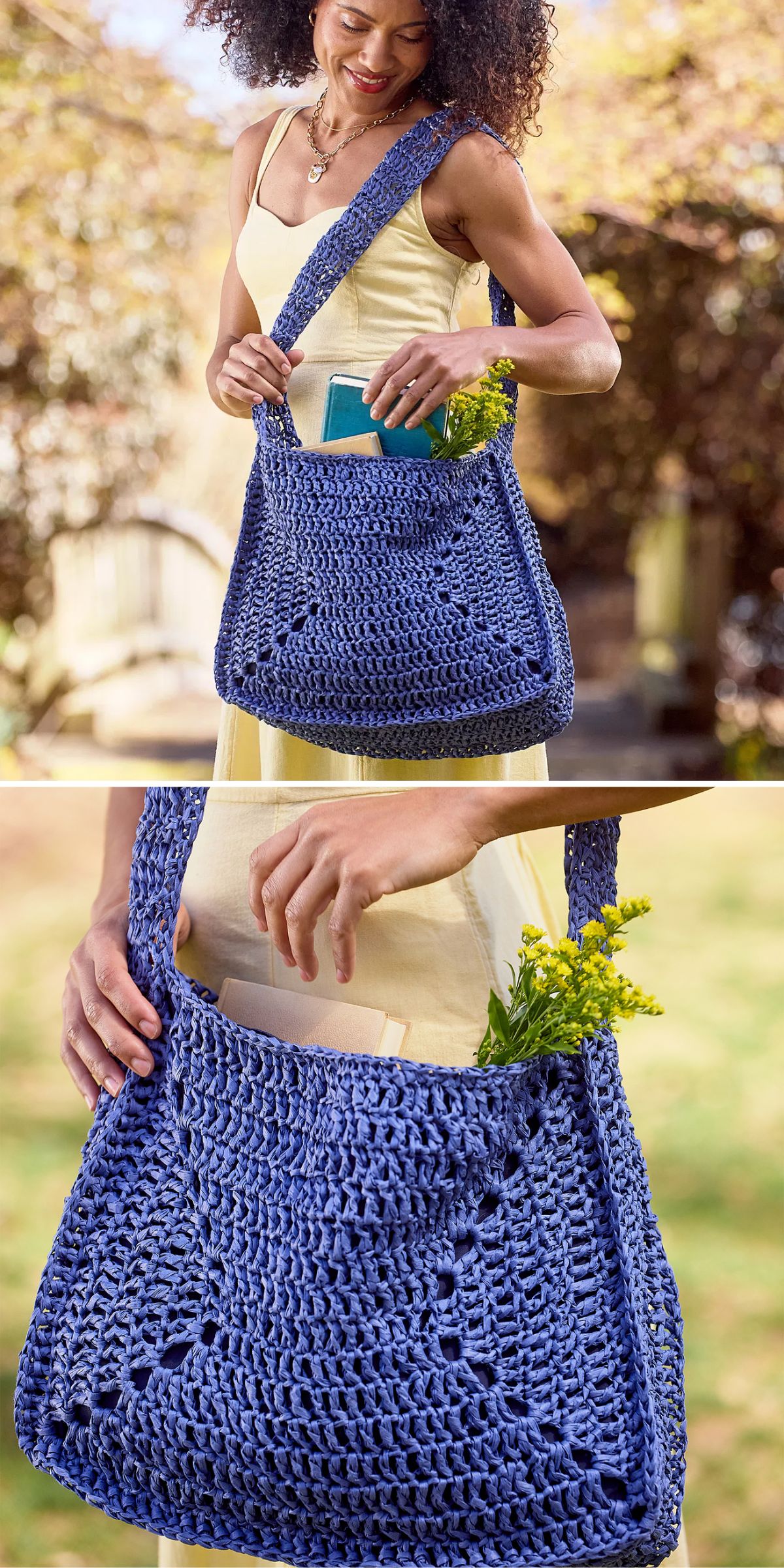 a blue crochet bag with a wide strap