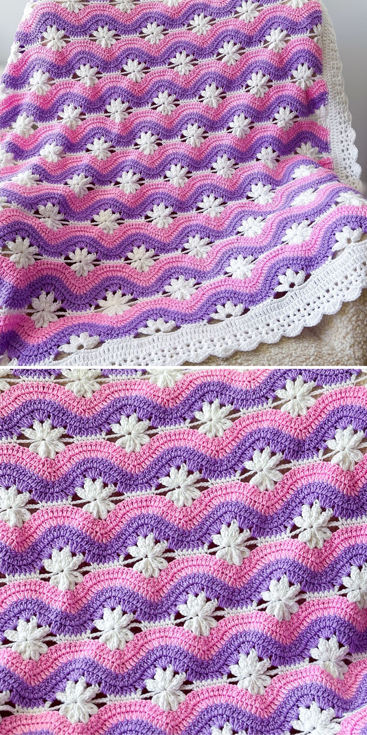 a crochet blanket featuring a wavy design in pink and purple adorned by little white daisy flowers