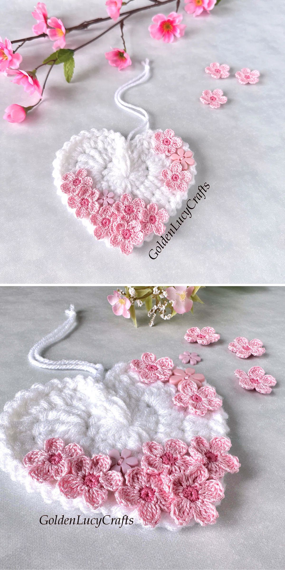 a white crochet heart ornament adorned by pink little cherry blossoms