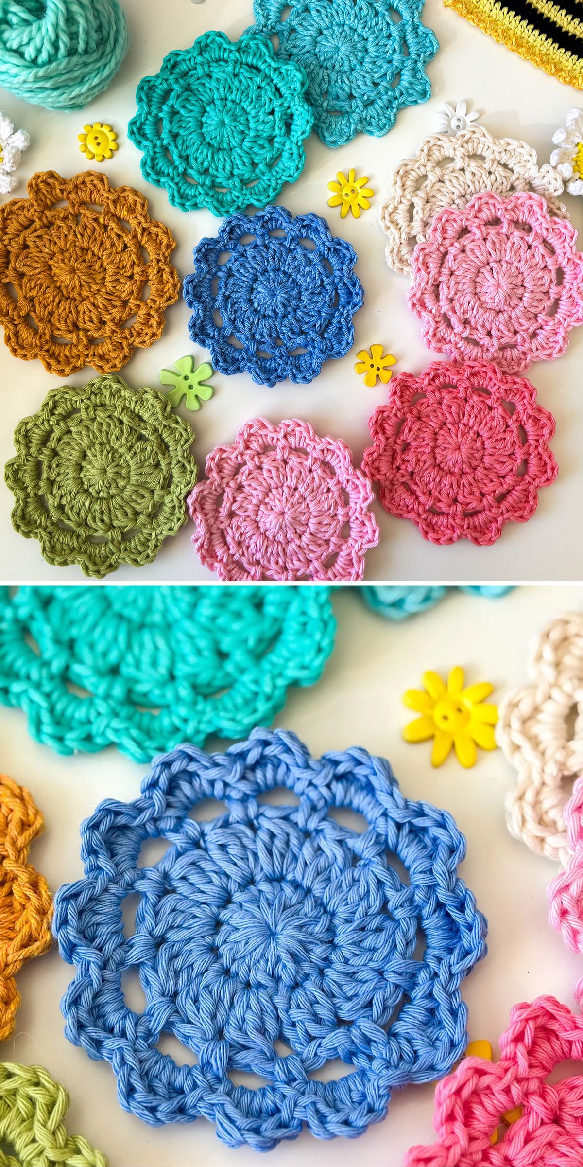 a collection of vibrant crochet flower coasters