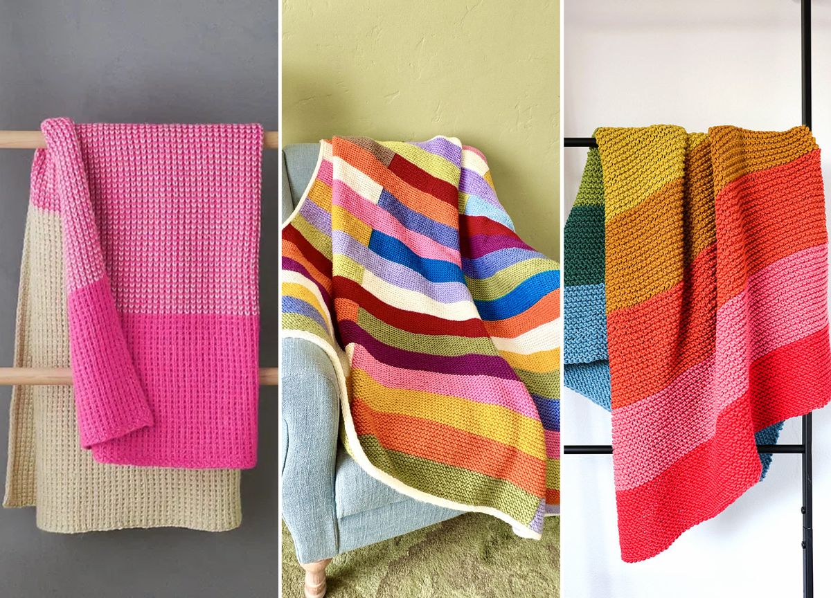 three vibrant knitted blankets