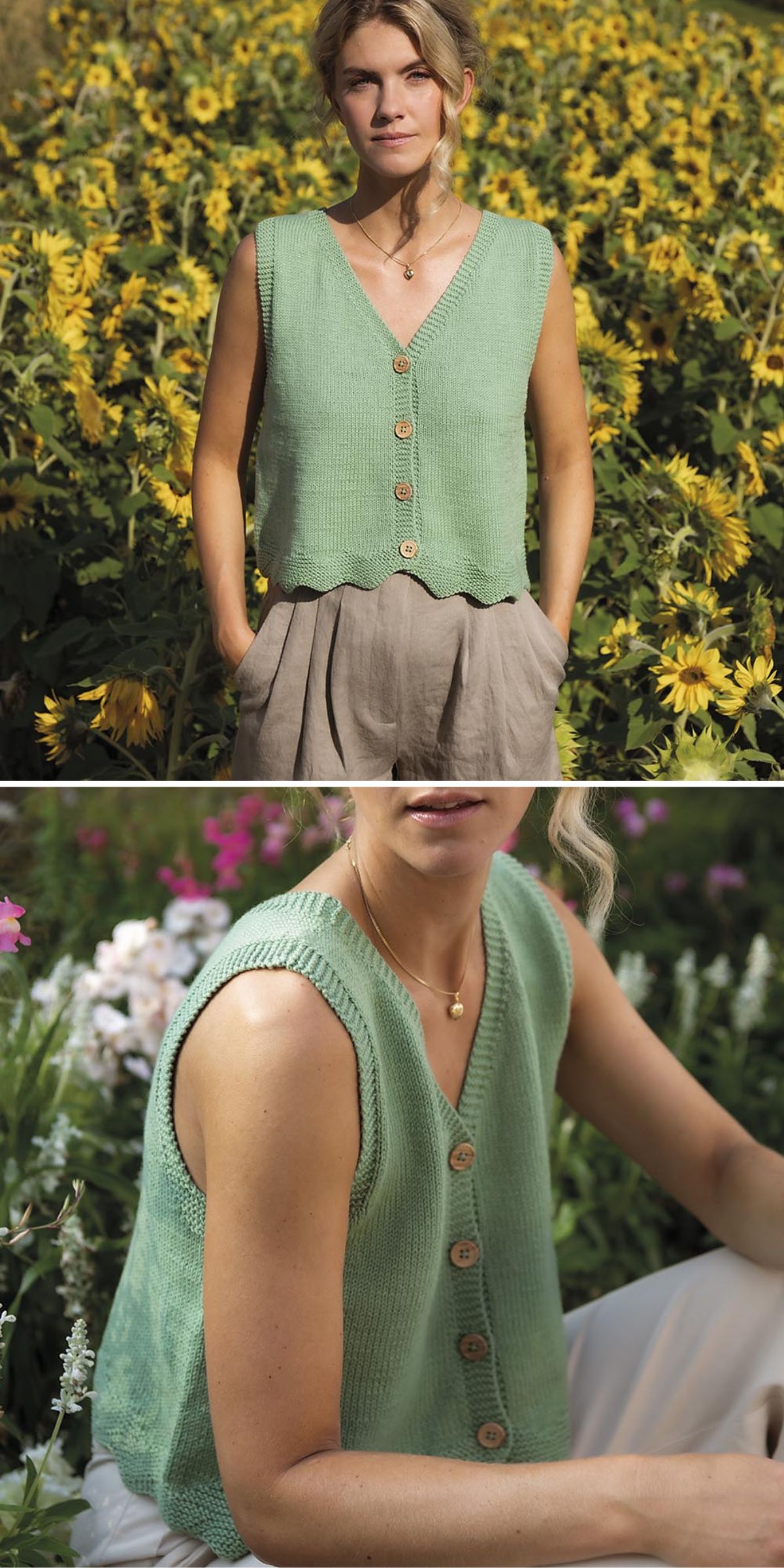 a light green knitted summer top with front button closure