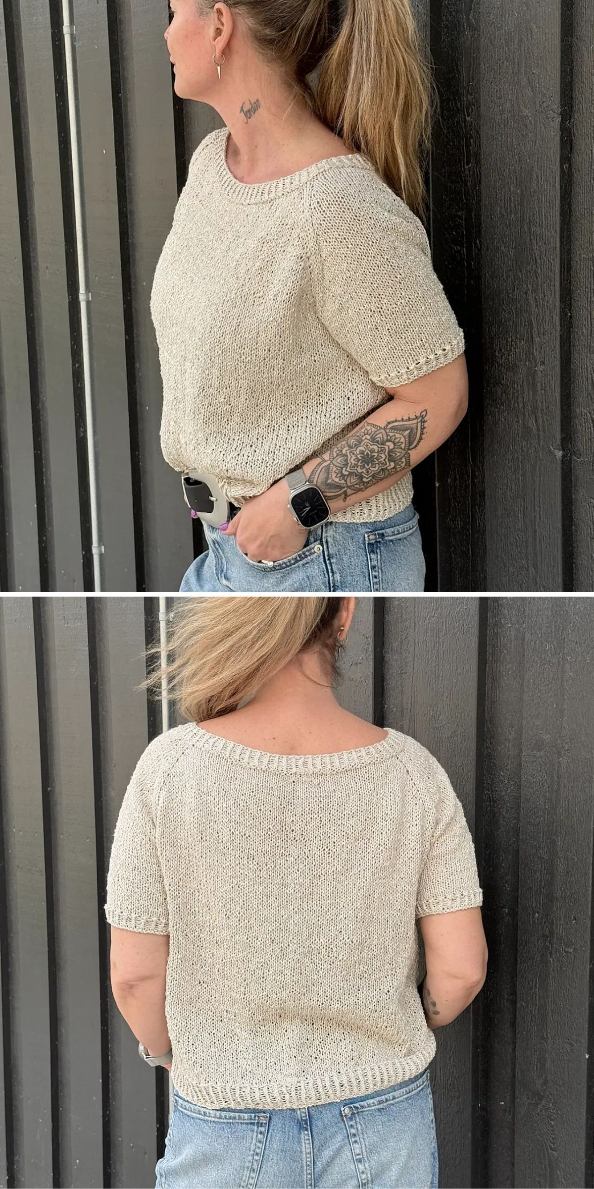 a woman wearing a basic knitted top in a neutral color
