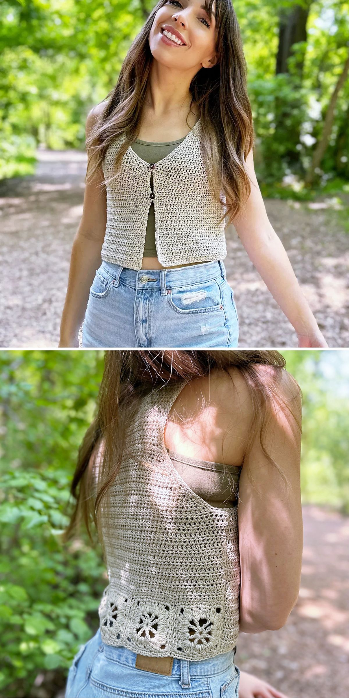 a simple crochet summer vest with single front button and granny square detailing at the back