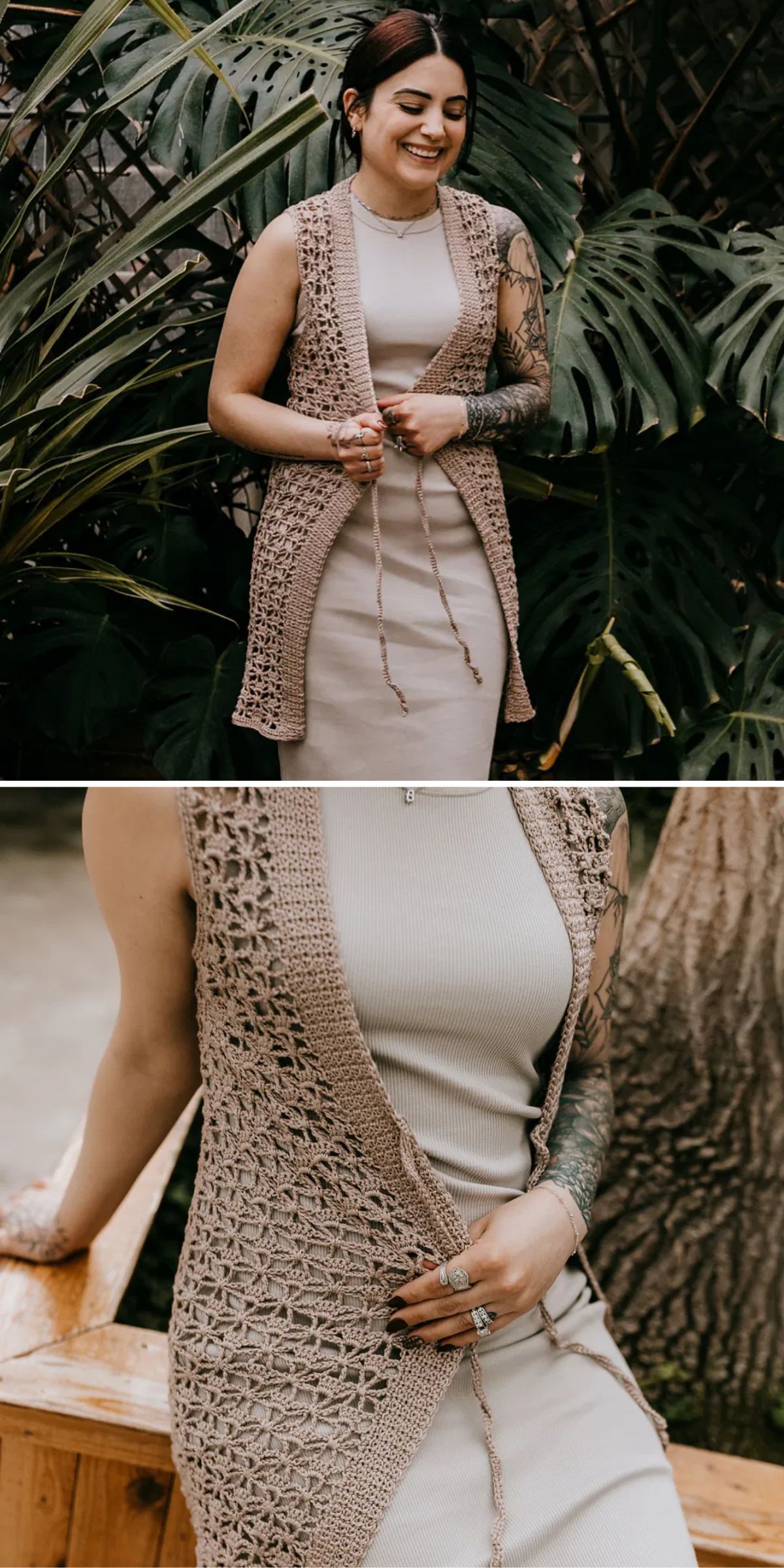 a woman wearing a long crochet cardigan with a lace texture