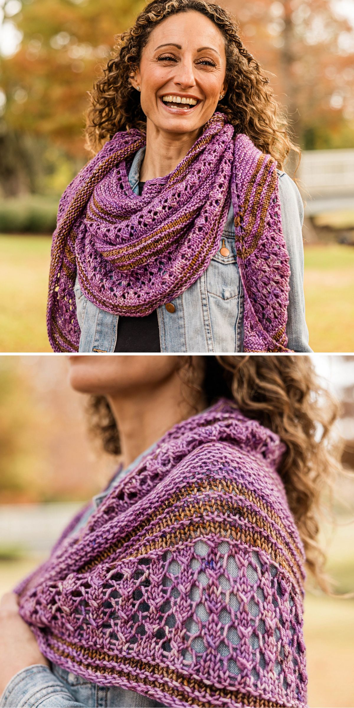 a woman wearing a stylish knit crescent shawl in purple