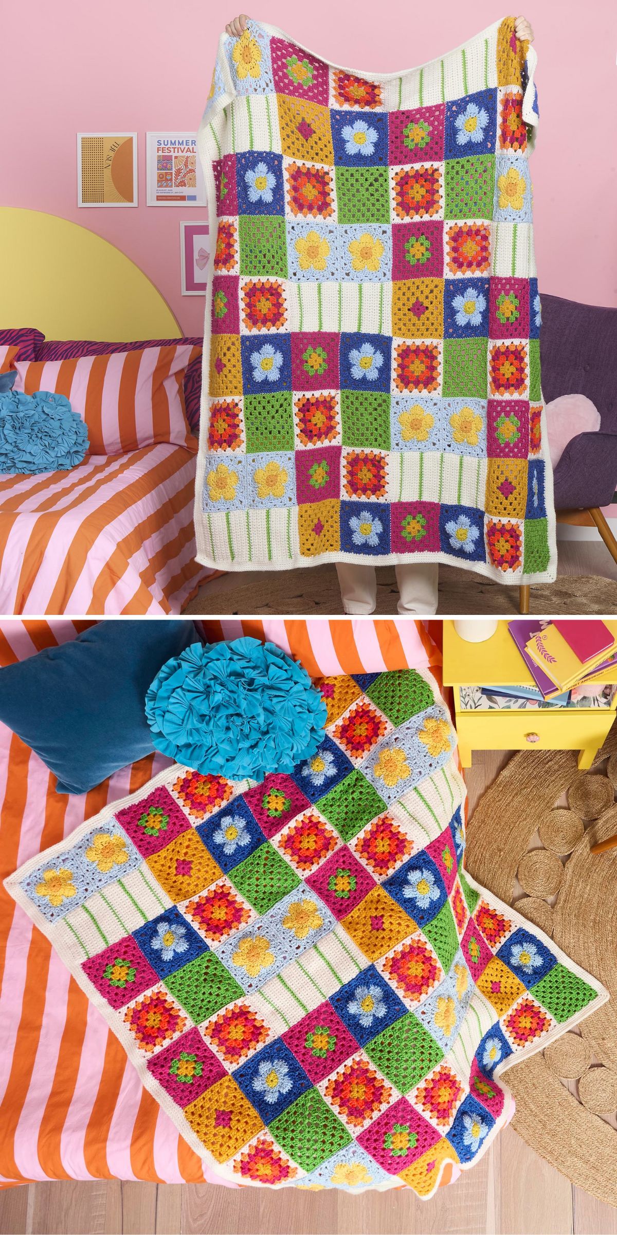 a granny square crochet blanket with a colorful patchwork design