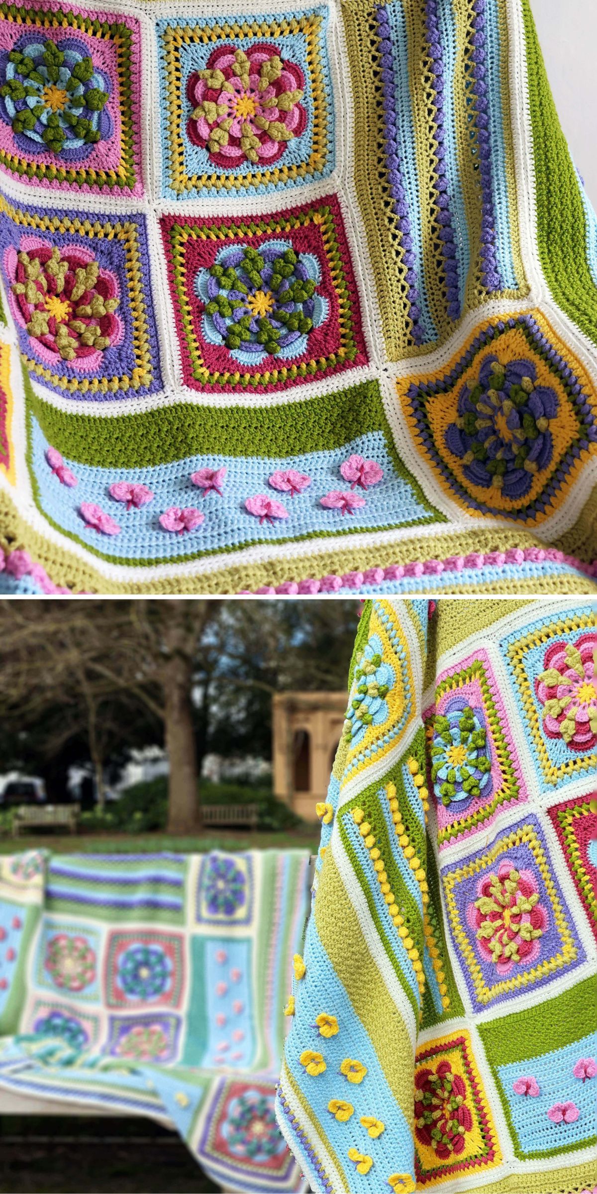 a crochet blanket cal with an intricate floral design