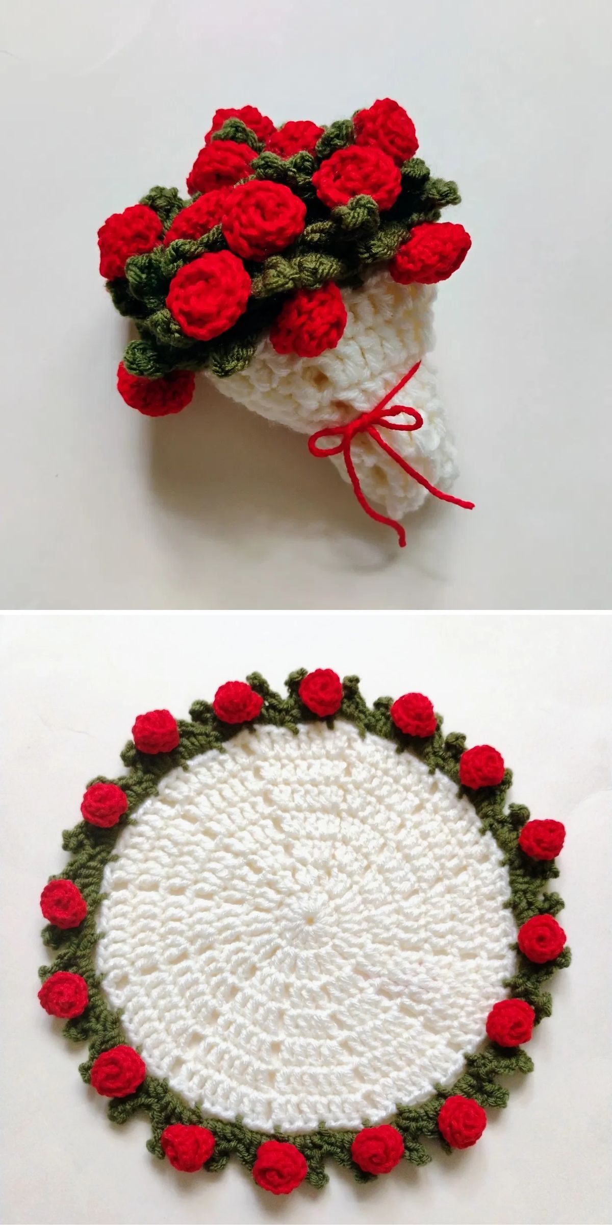 a white crochet coaster with a red rose flower border