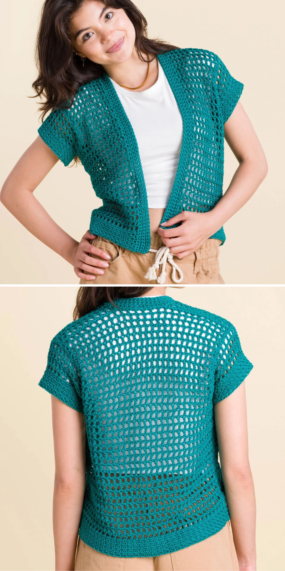 a green crochet mesh cardigan