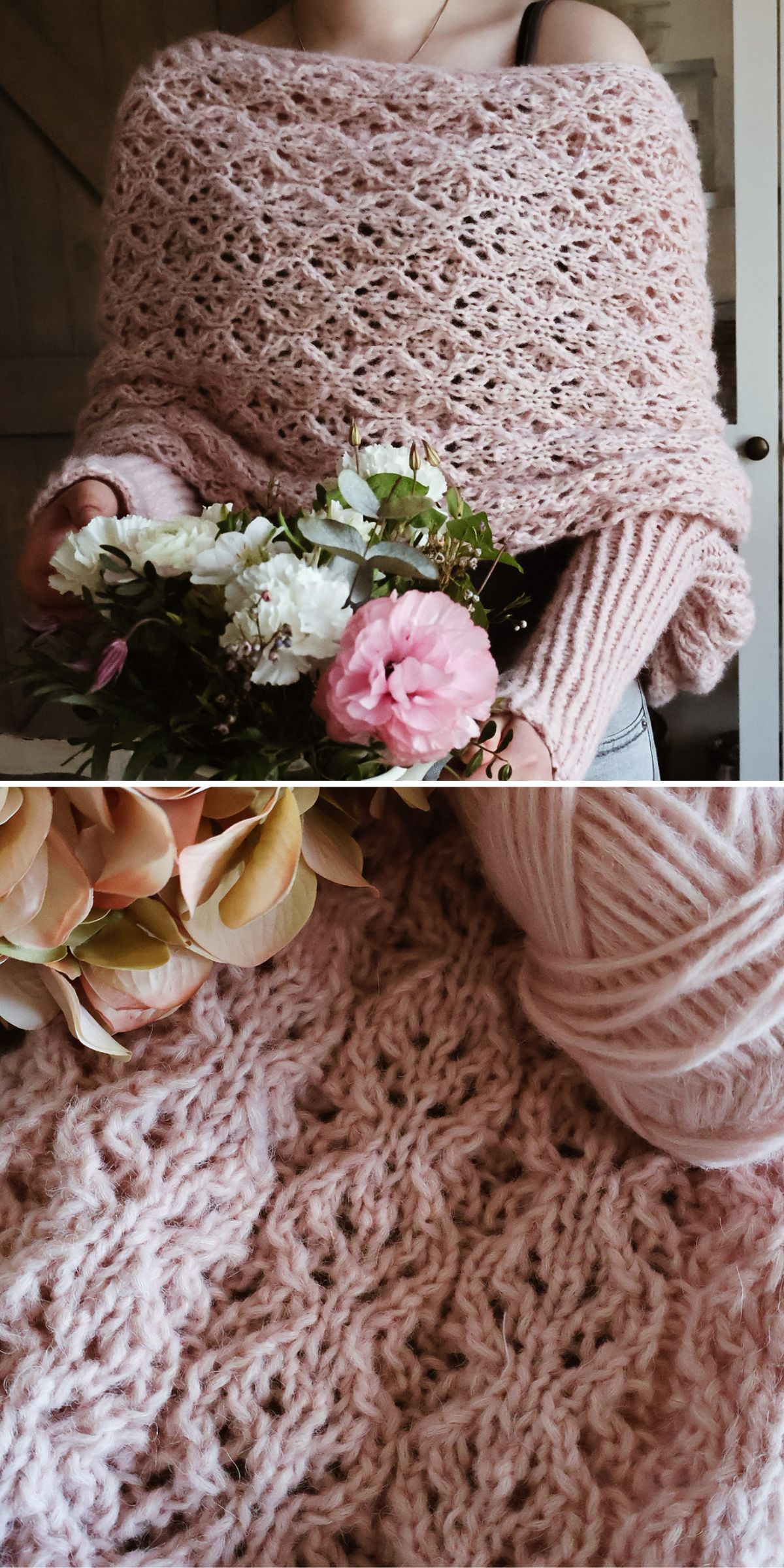 a stylish knitted sweater scarf with a cabled design in a soft pink color